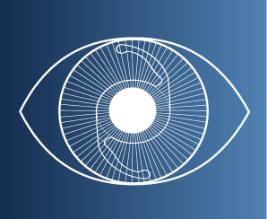 Illustration of an eye with a Clareon intraocular lens, showing radiating lines that represent the lens’s long-term clarity and minimal glistenings