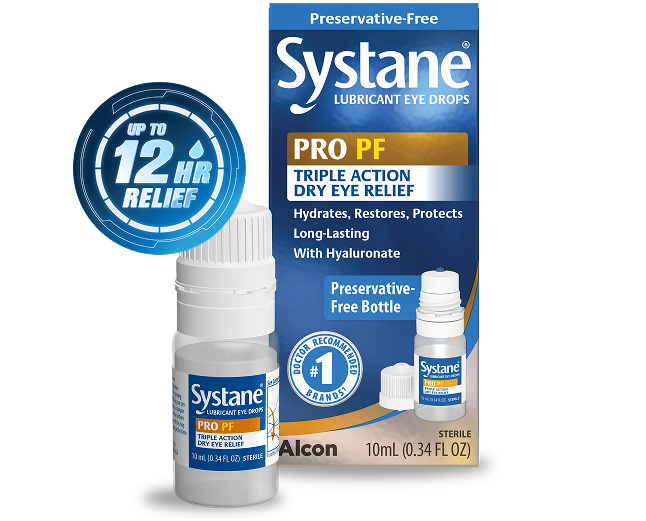 Systane PRO PF Lubricant Eye Drops packaging showing 10 mL bottle and box labeled “Triple Action Dry Eye Relief.” Highlights include “Preservative-Free,” “Up to 12 HR Relief,” and “With Hyaluronate.” Product manufactured by Alcon.