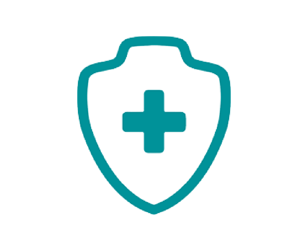 Teal icon of a shield with a medical cross in the middle.