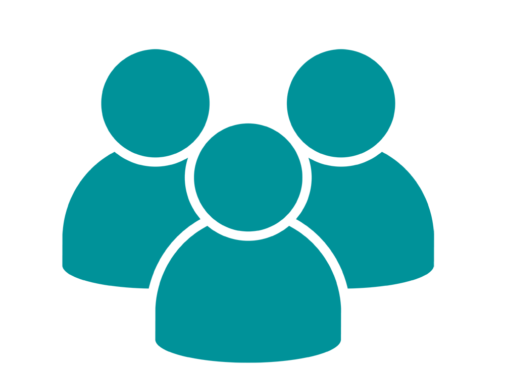 Teal icon of three people.