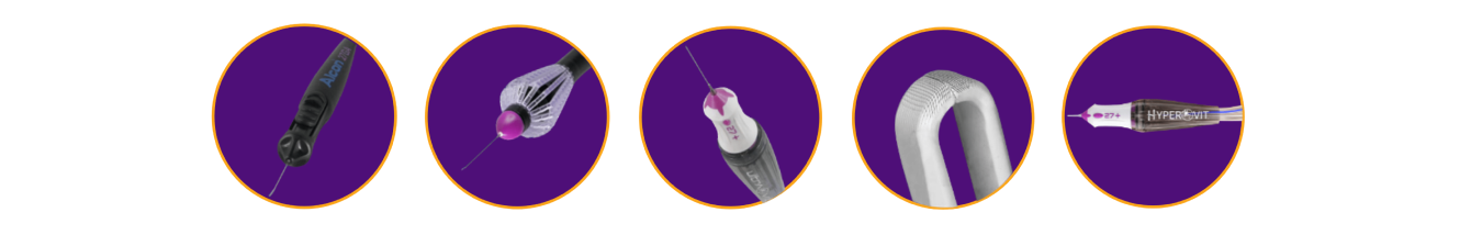Images of Alcon’s 25+/27+ portfolio placed on purple backgrounds. The Vektor laser probe, Finesse Reflex, Advanced Ultravit probe, Finesse Sharkskin, Hypervit probe.