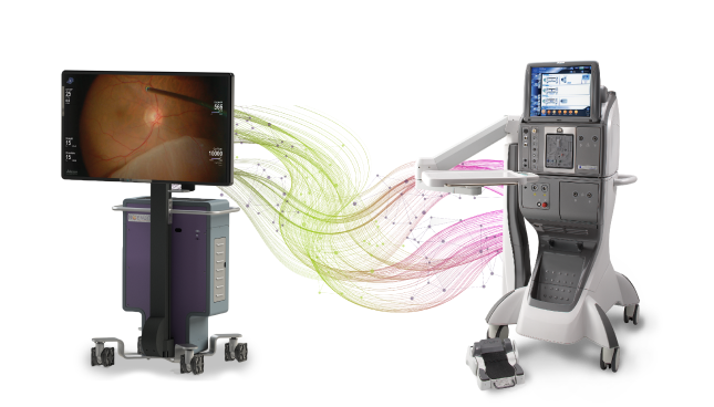NGENUITY 3D Visualization System and the CONSTELLATION Vision System on a white background with a green and purple lines flowing between them to indicate DATAFUSION integration.
