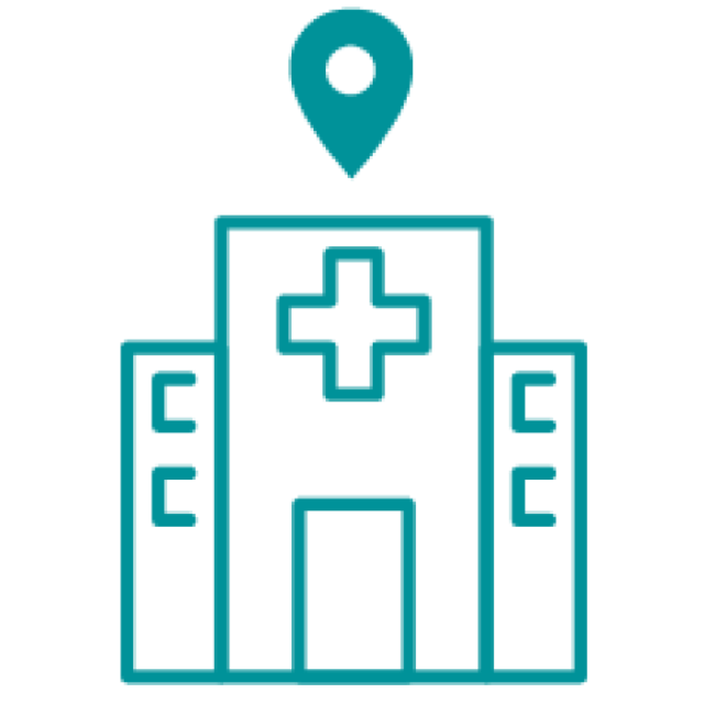 Teal icon of a hospital with a location pin on top.
